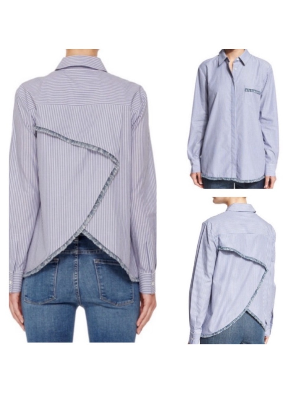 Thakoon Addition Blue Striped Button Down Long Sleeve Frayed Denim Hem Size 4